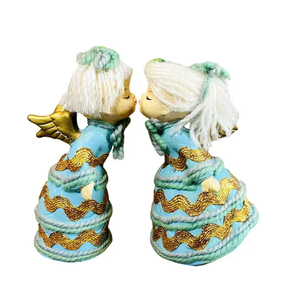 Vintage Boy & Girl Kissing Angel Figurines Blue Gold Yarn & Bric a Brac Japan